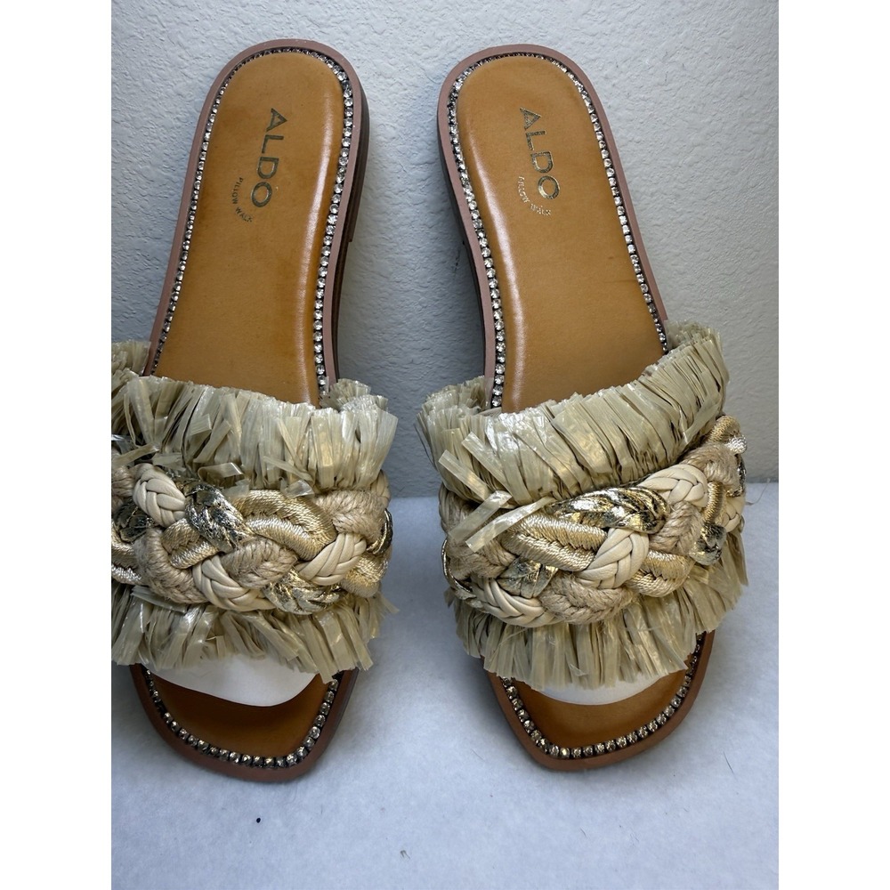 ALDO Flex Slides Womens Size 6 Gold Braided Raffia Fringe Sandals Slip On Flat